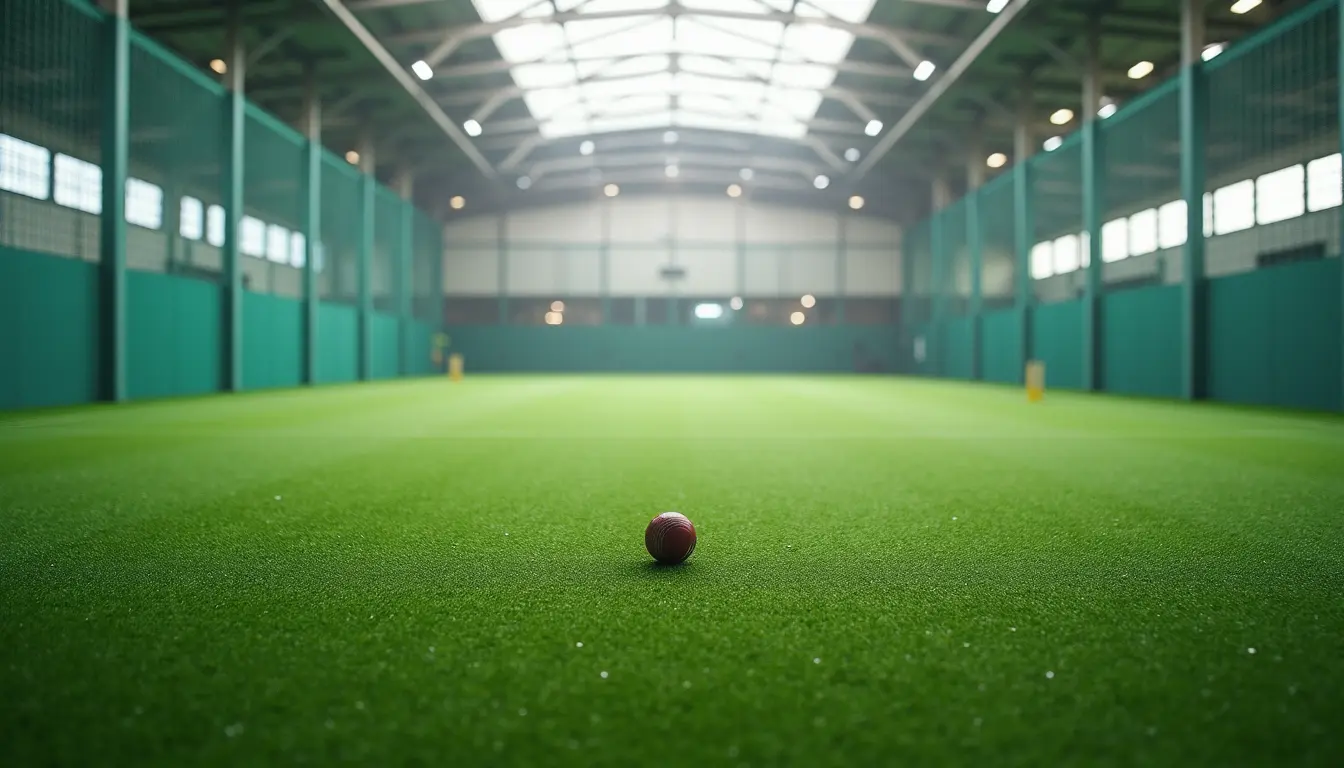 Eye-level view of indoor cricket pitch with synthetic turf and netted enclosure
