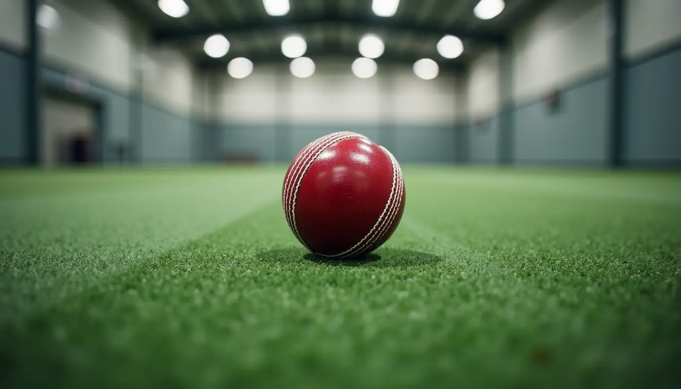 Close-up view of cricket ball on synthetic pitch inside indoor cricket facility