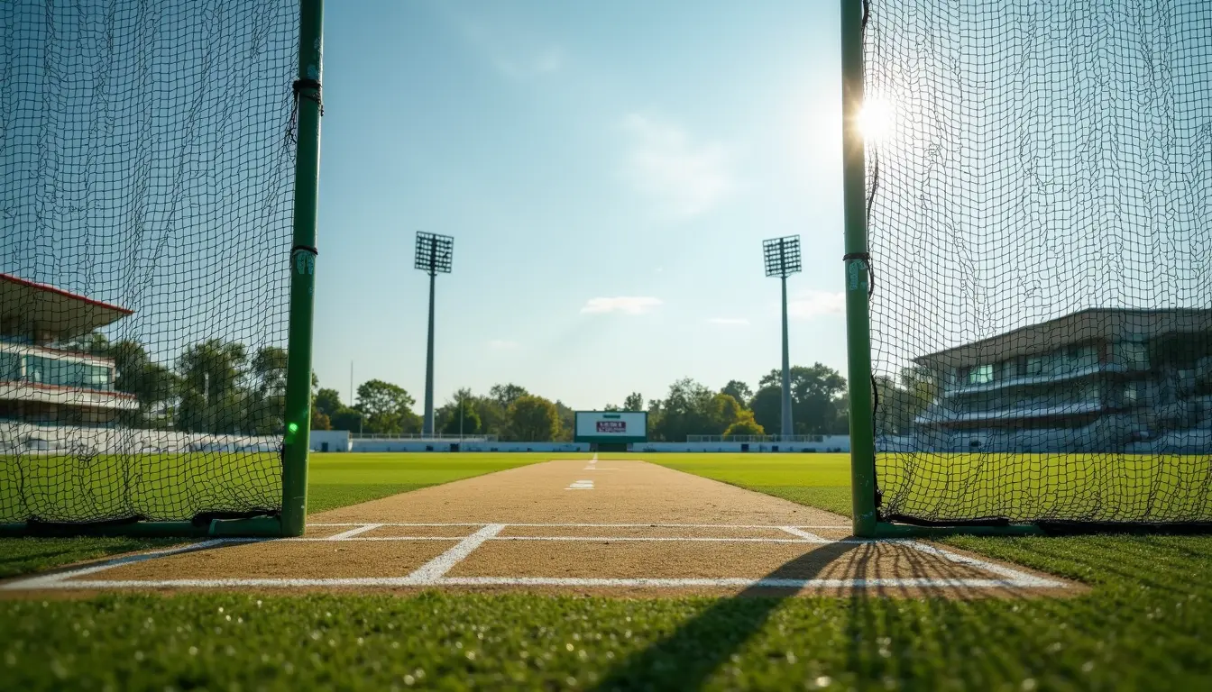 Eye-level view of cricket pitch with nets and training equipment