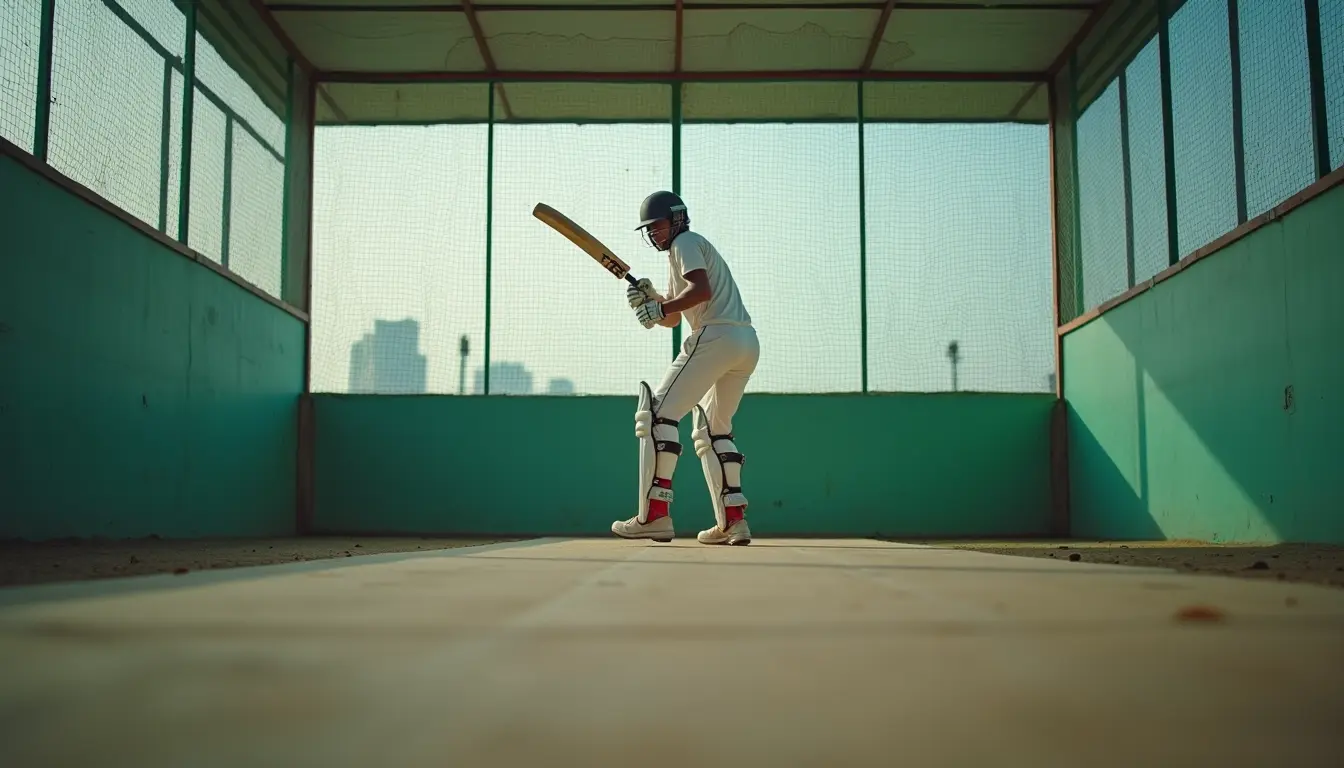 Eye-level view of a young cricketer practicing batting in an indoor cricket net near Medavakkam