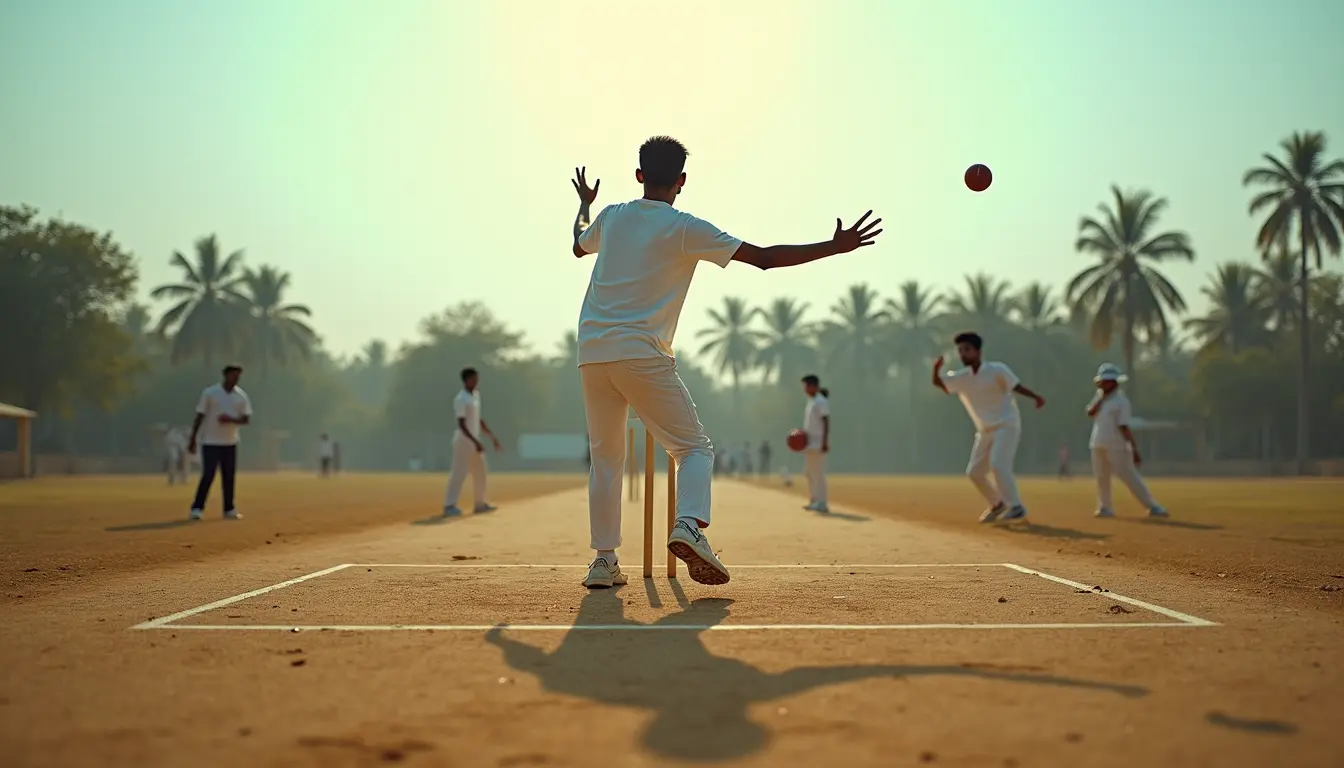 Wide angle view of outdoor cricket training session with young players practicing fielding near Medavakkam