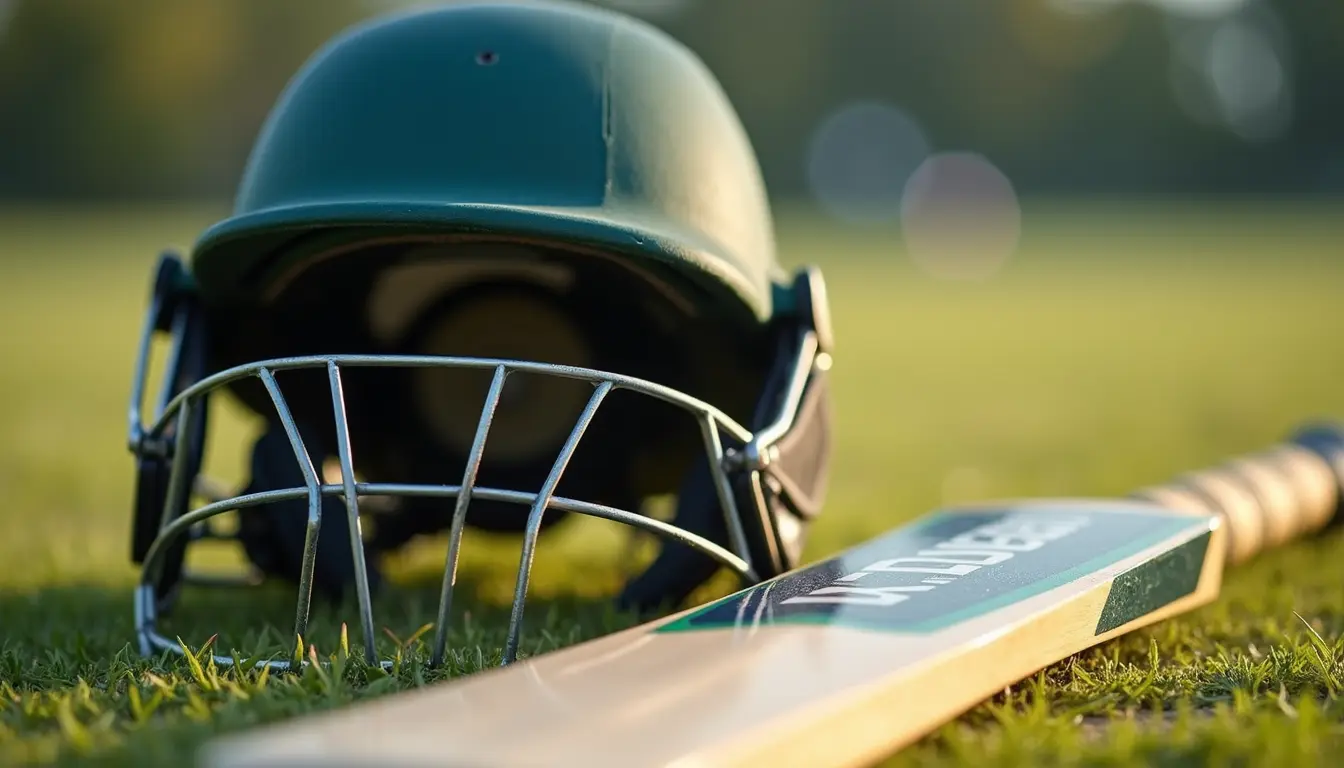 Close-up view of cricket gear including bat and helmet suitable for junior players